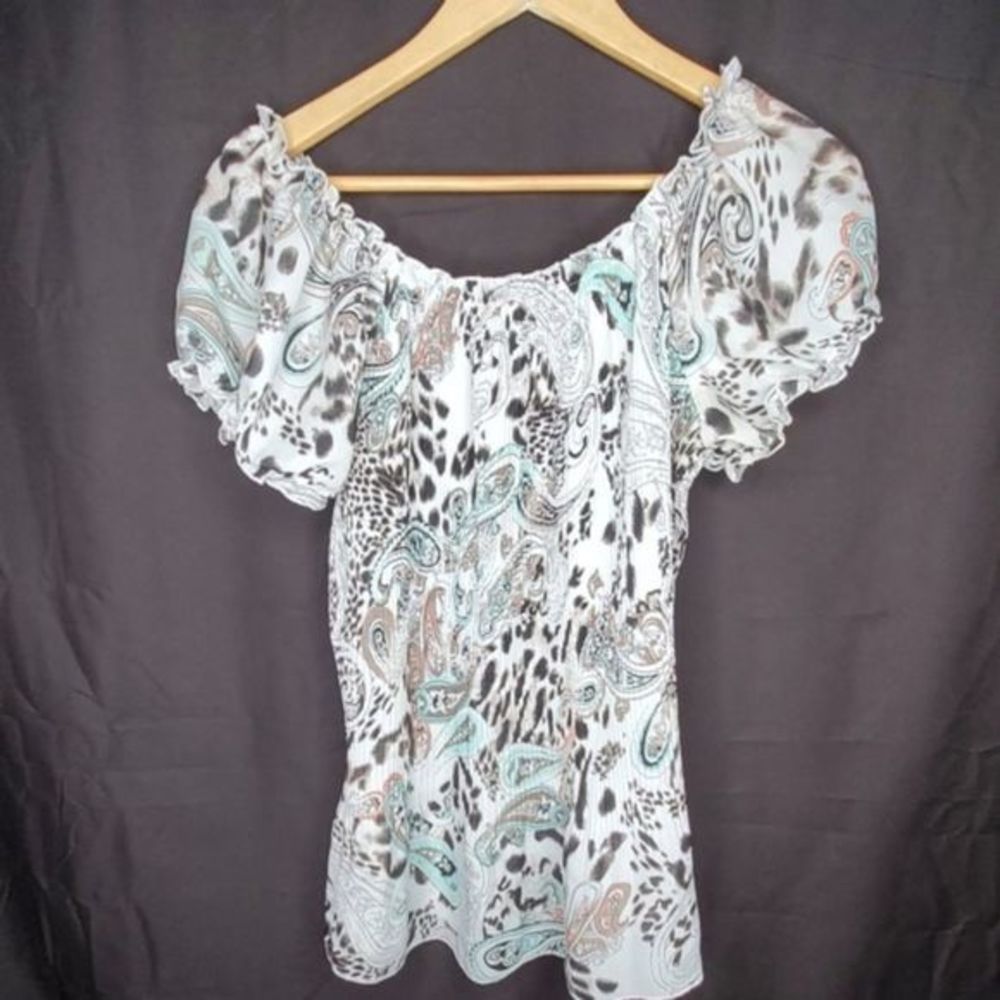 Vintage Babydoll Top Paisley Animal Print Off-The-Shoulder Y2K Blouse S - Picture 2 of 9